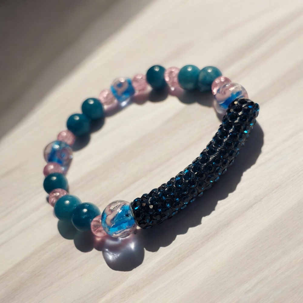 Apatite & Firefly Glass w/ Strass Tube Handcrafted Gemstone Bracelet